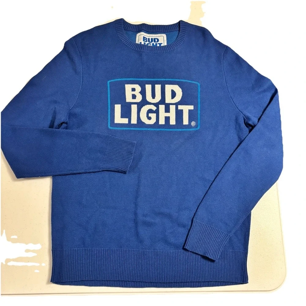 Bud‎ LightSweater King Of Beer Blue Knit Pullover Merch Logo Spell out Mens L